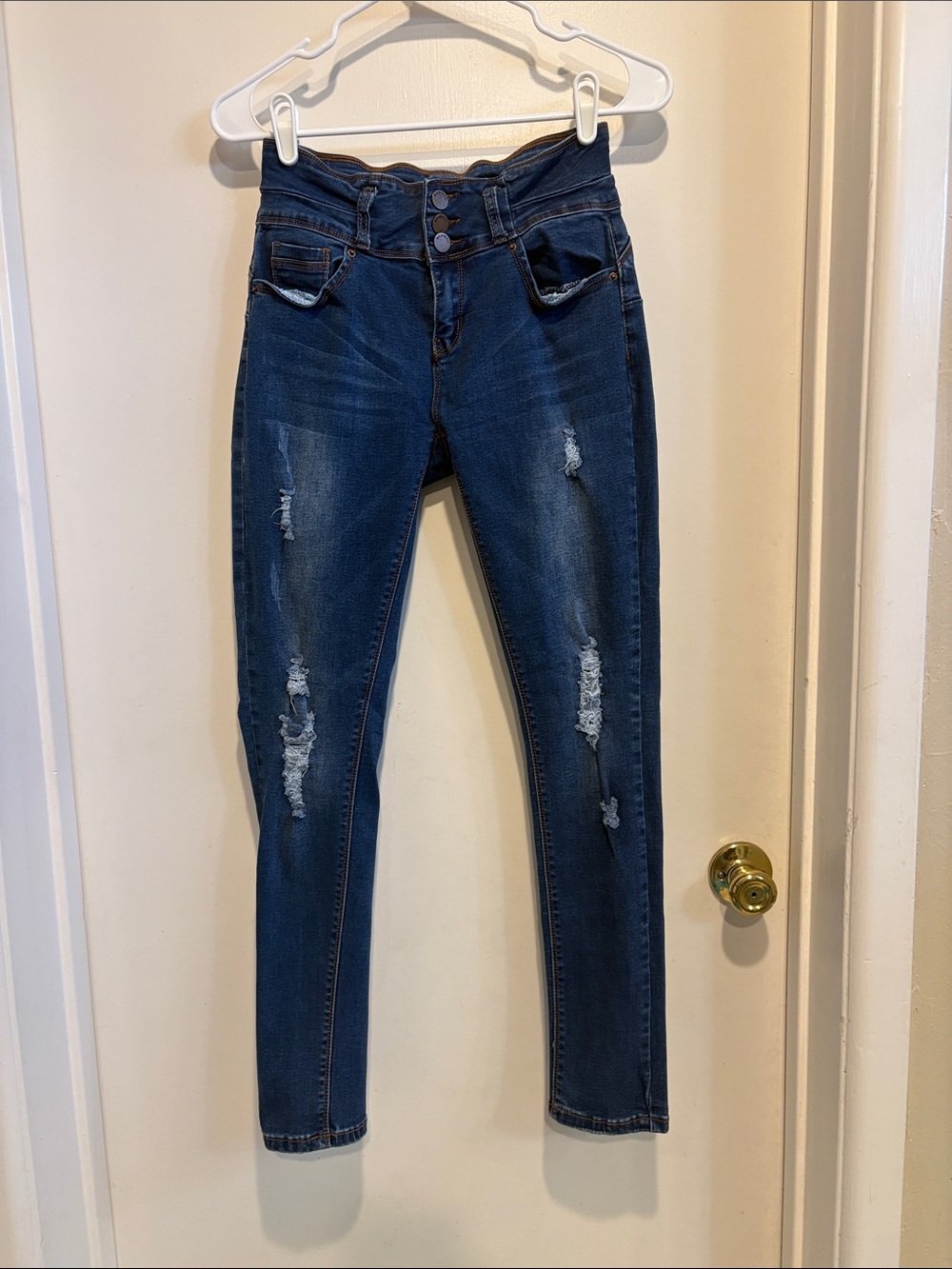 BAMBOO Dark Blue High-Rise Distressed Skinny Jeans junior 5/6